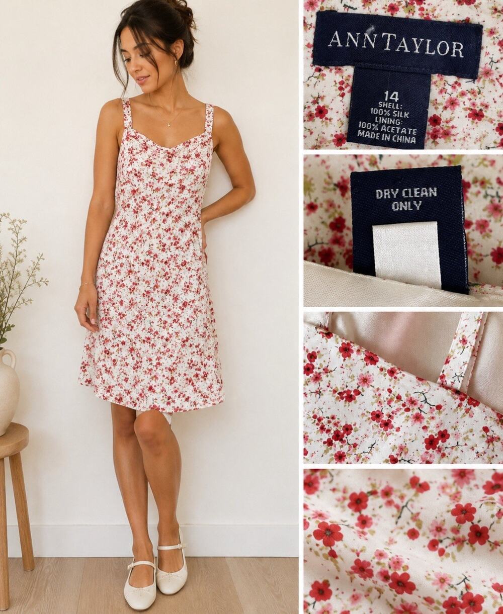Y2K Coquette Cottagecore Ann Taylor Silk Slip Dress Sz 14 Cream Red Floral 2000s